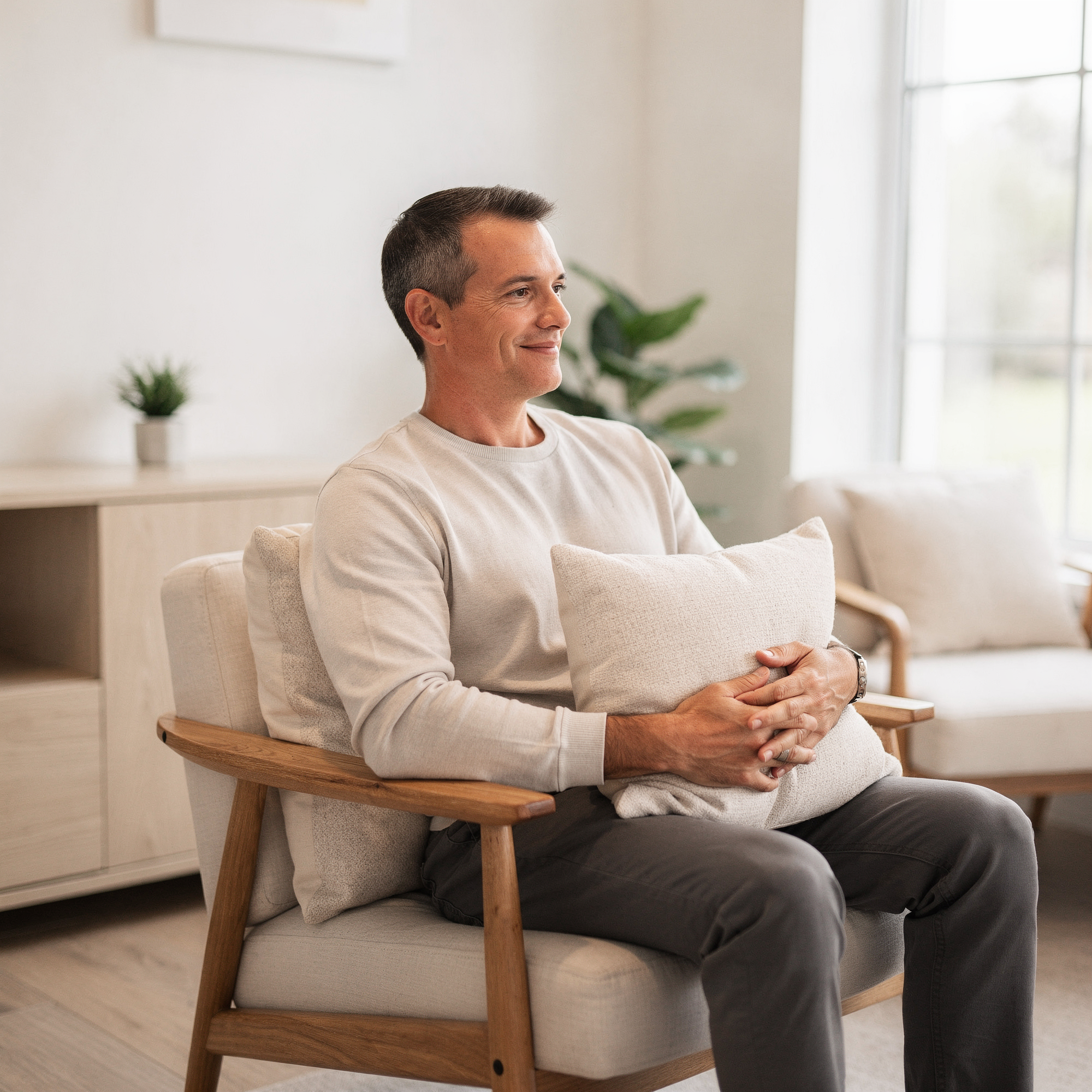Man relaxing in a bright living room, smiling while holding a pillow
